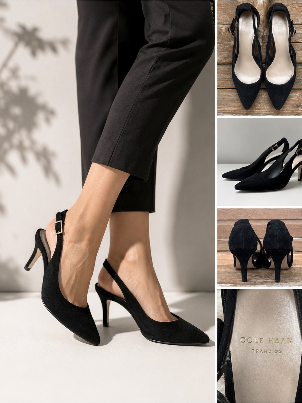 Cole Haan Grand.ØS Black Suede Slingback Heels Pointed Toe Size 8B